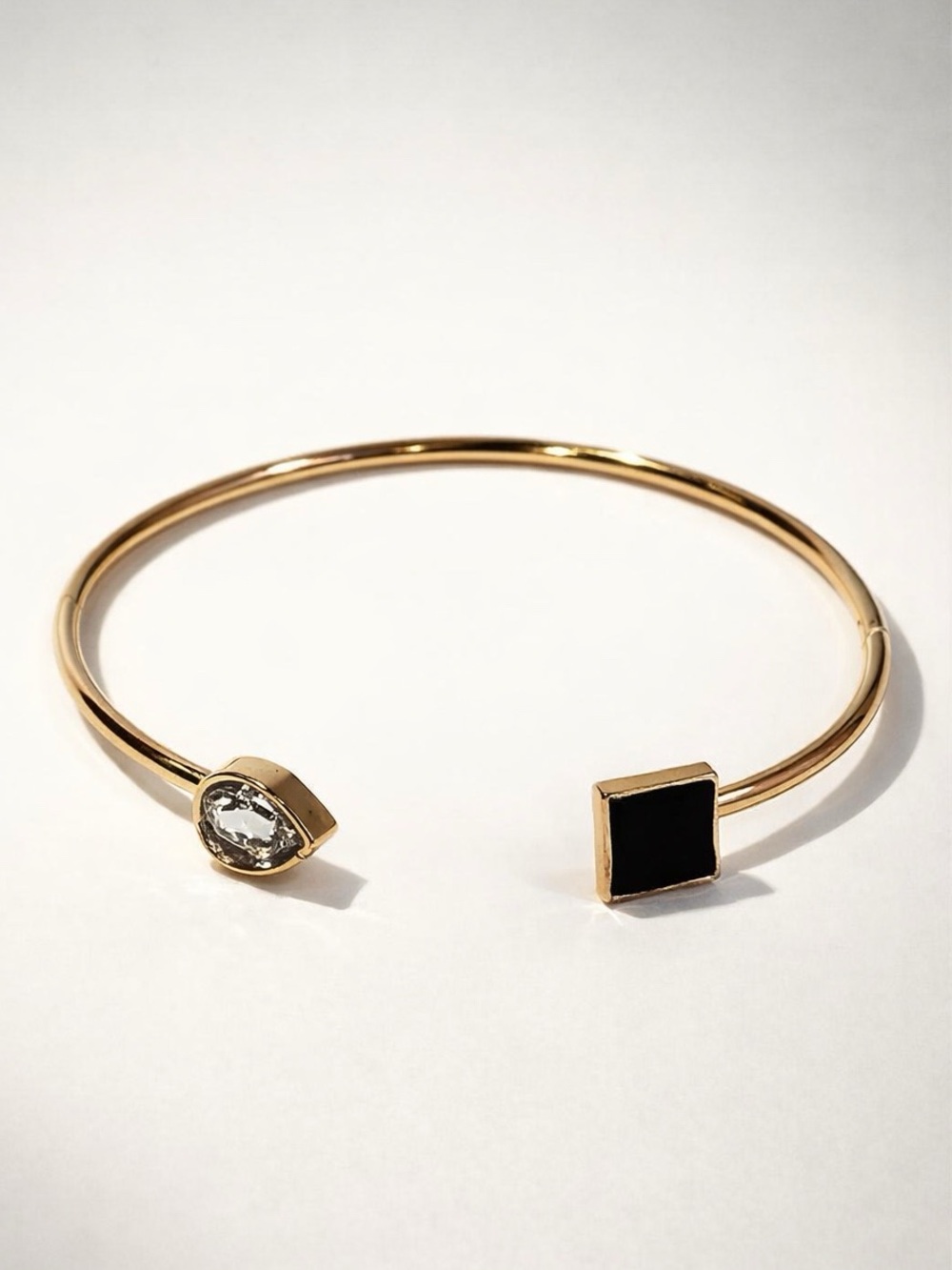 Gold Open Cuff Bracelet with Black Enamel and Clear Crystal